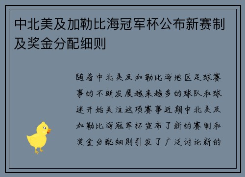 中北美及加勒比海冠军杯公布新赛制及奖金分配细则
